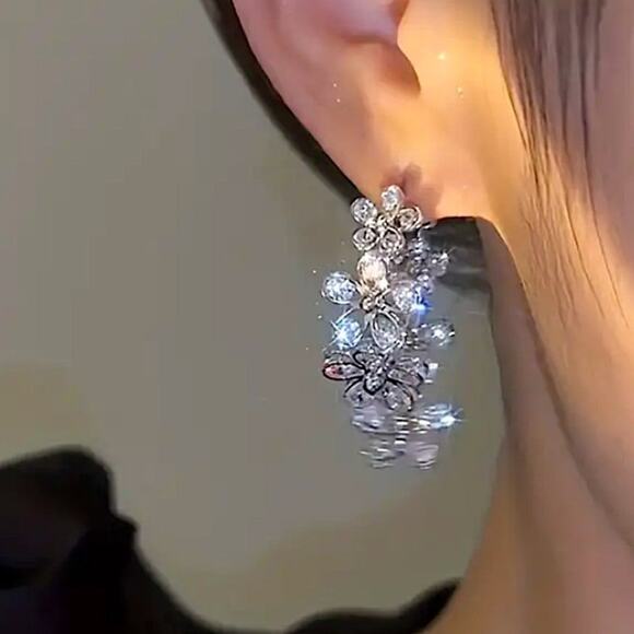 Double Edge Side Zircon Earrings, Four leaf Dangle Wedding Anniversary Bridal - Picture 1 of 4